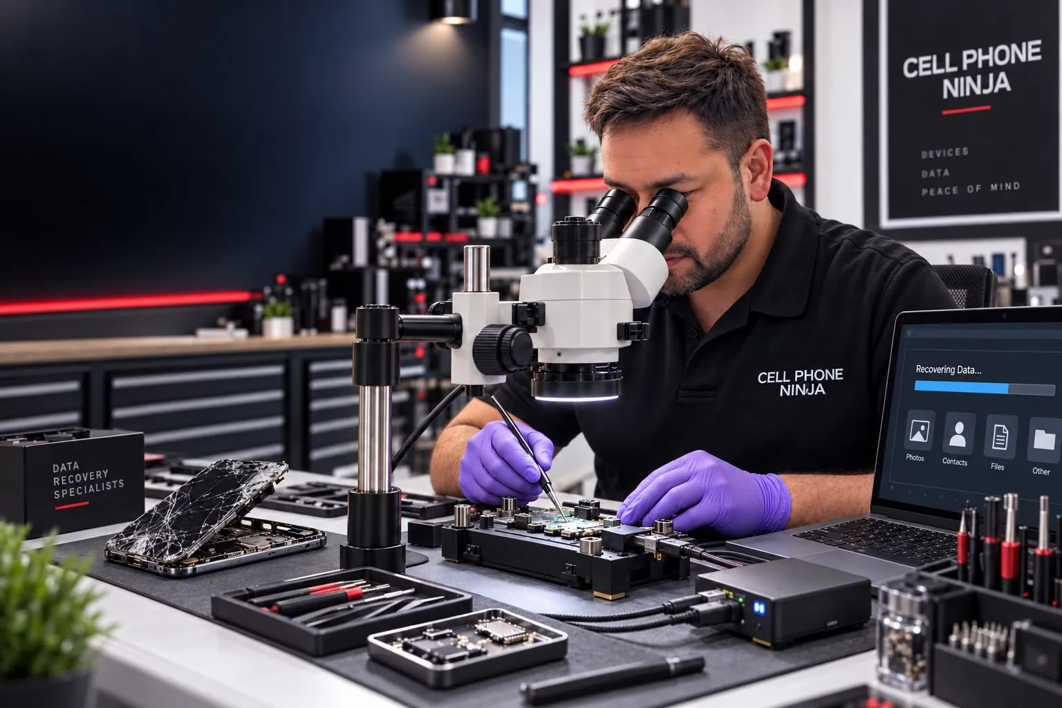 Technician soldering a circuit board under magnification