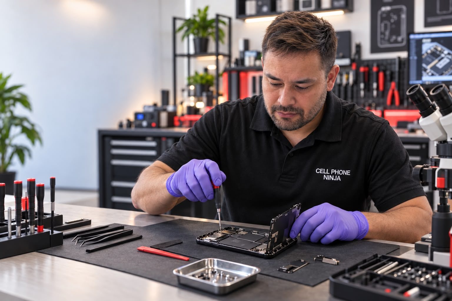 Technician repairing a phone at the bench
